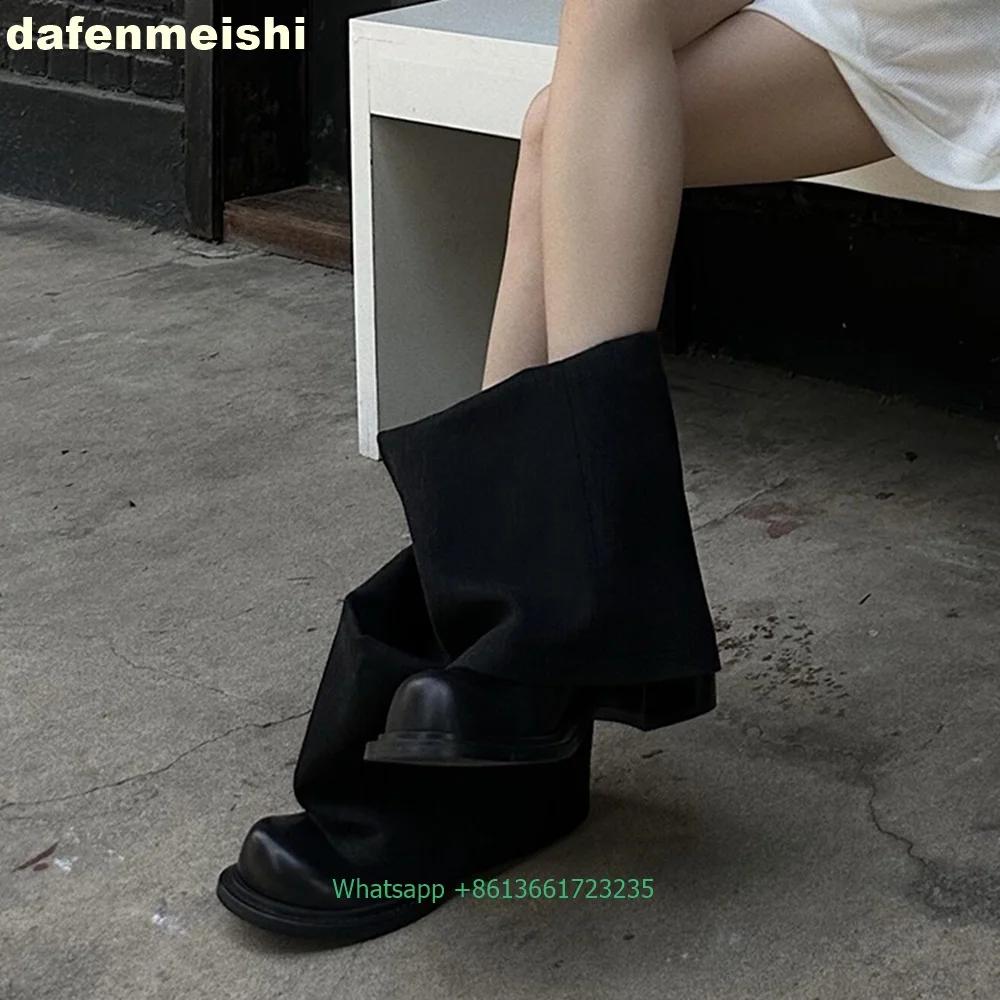 Fashion Big Round Toe Denim Turned-Over Edge Boots 2025 New Fashion Women Black/blue Mid-Calf Trouser Boots Chunky Heel Cowboy Boots