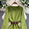 Autumn Winter Women Elegant O-neck Knitted Sweater Chic Mini Short Straight Pullover Dresses with Belt
