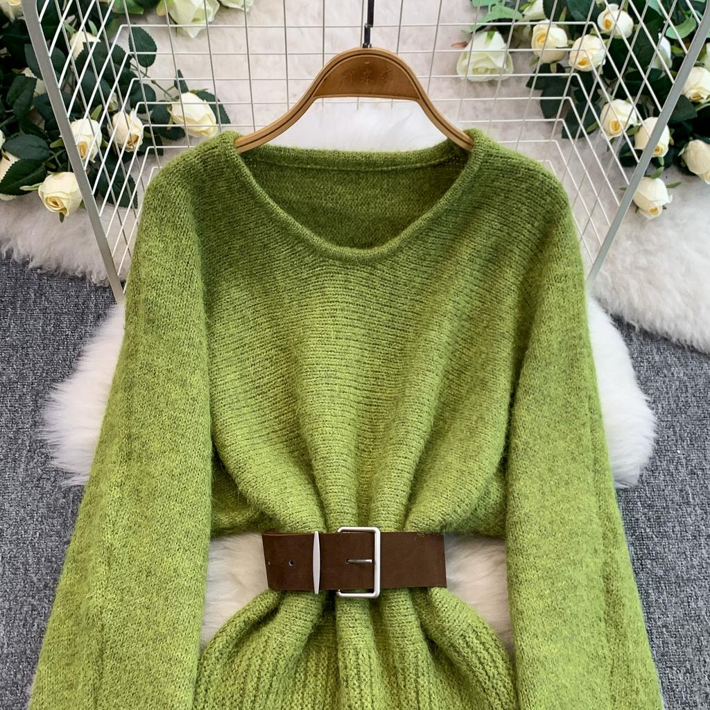 Autumn Winter Women Elegant O-neck Knitted Sweater Chic Mini Short Straight Pullover Dresses with Belt