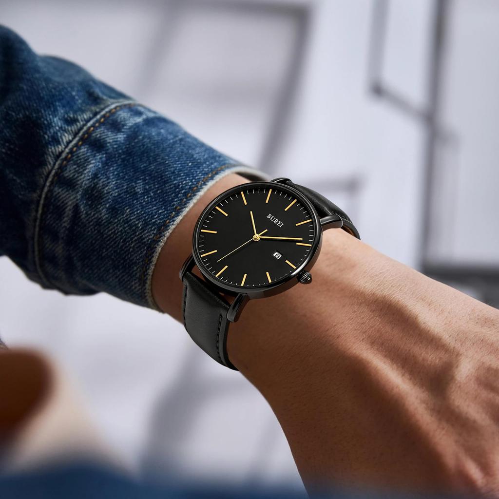 BUREI Analog Quartz Watch with Date Commuter Watch with Leather Strap Men's Display, Waterproof, Popular, Simple, Stylish, (Black, Leather)