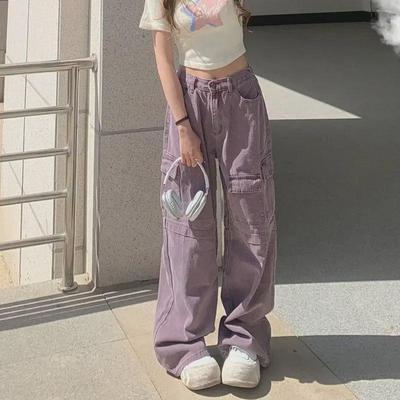Women's High-Waist Wide-Leg Retro Purple Jeans - Trendy Loose-Fit Workwear