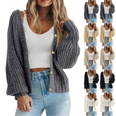 Women's Solid Knitted Long Sleeve V Neck Button Down Loose Cardigan