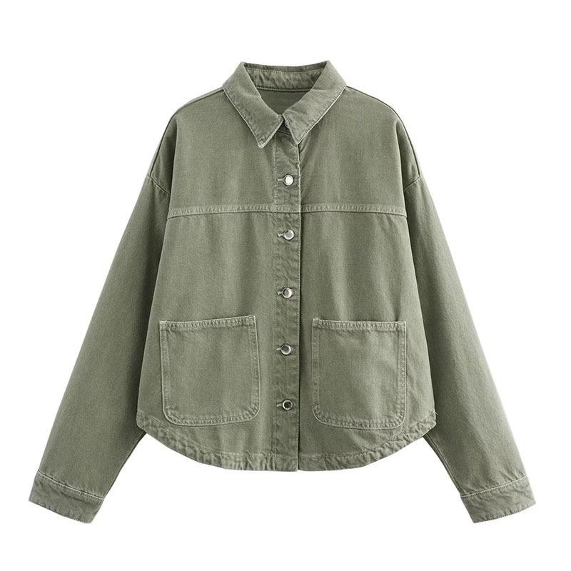Damen Frühling und Herbst Locker Lässig Revers Jeansjacke Einfarbig Langarm Oberteile L