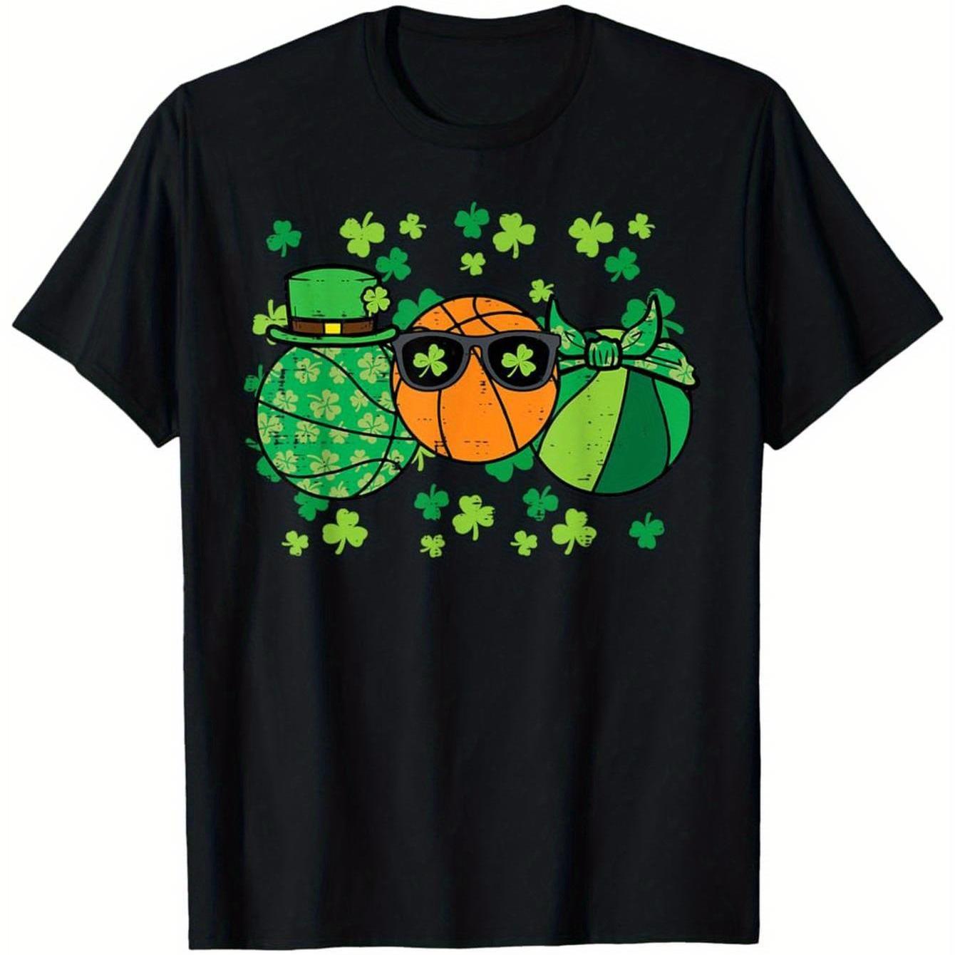 St Patricks Day Basketball Graphic Tee Men Casual Cotton T-Shirt Lucky Clover Print Crewneck 4XL