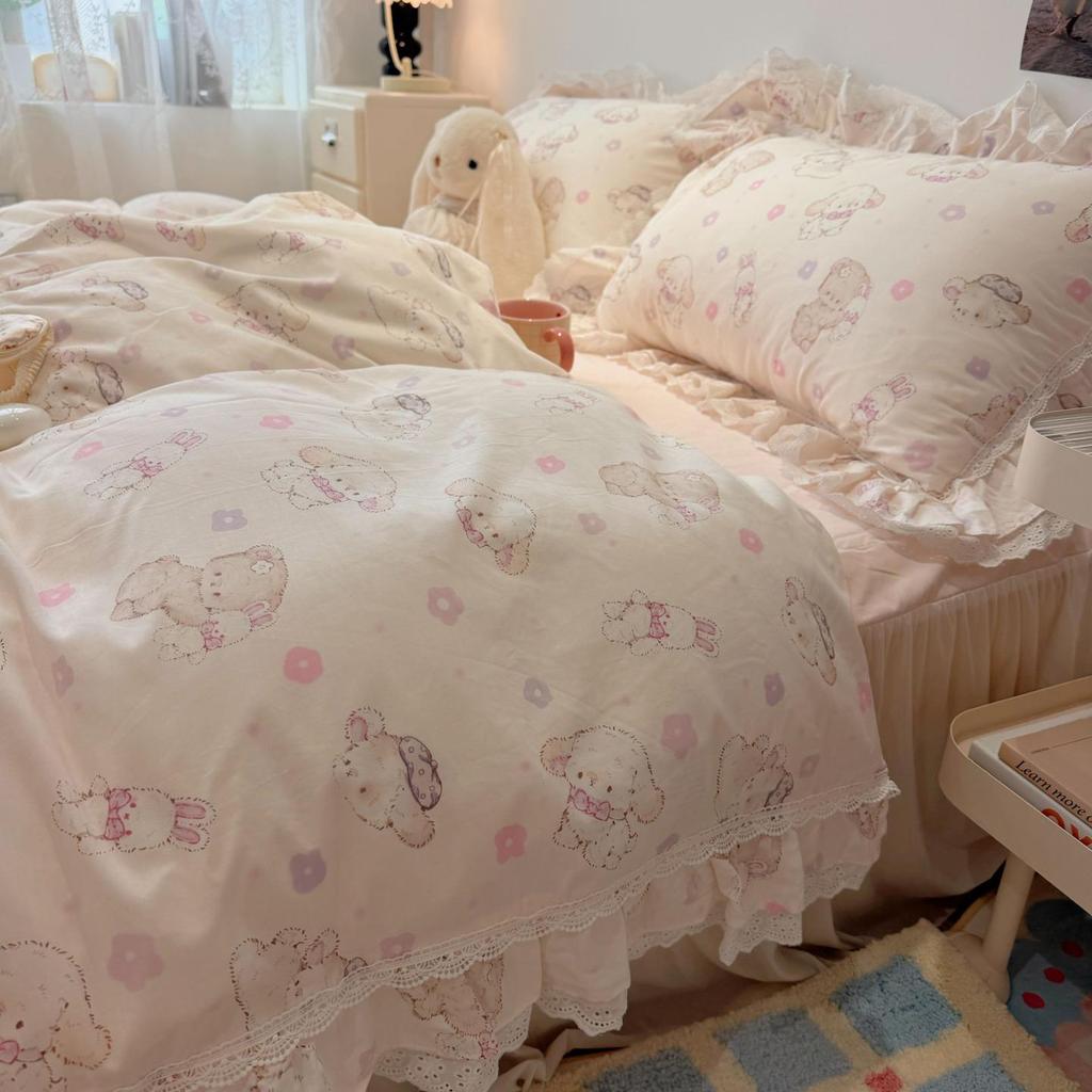 Korean Style Girlish Lace Cotton 4-Piece Princess Bedding Set for 1.8m Bed