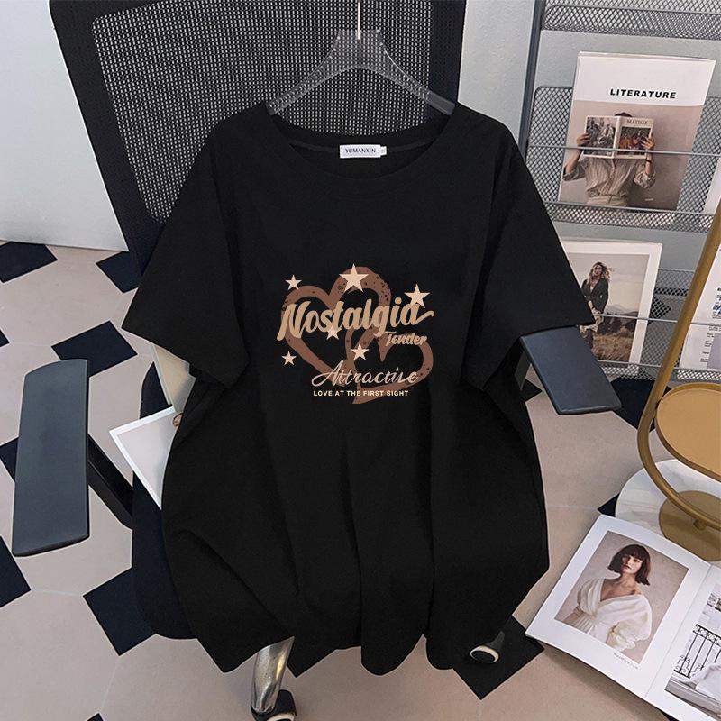 Women's Plus Size Slimming Mid-Length Short-Sleeve T-Shirt - Round Neck, Loose Fit (Sizes 200-350 Jin)