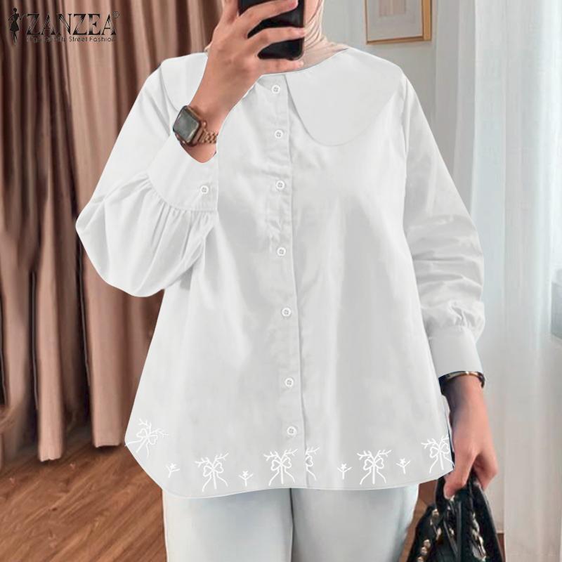 ZANZEA Women Casual Doll Collar Loose Long Sleeve Print Blouse