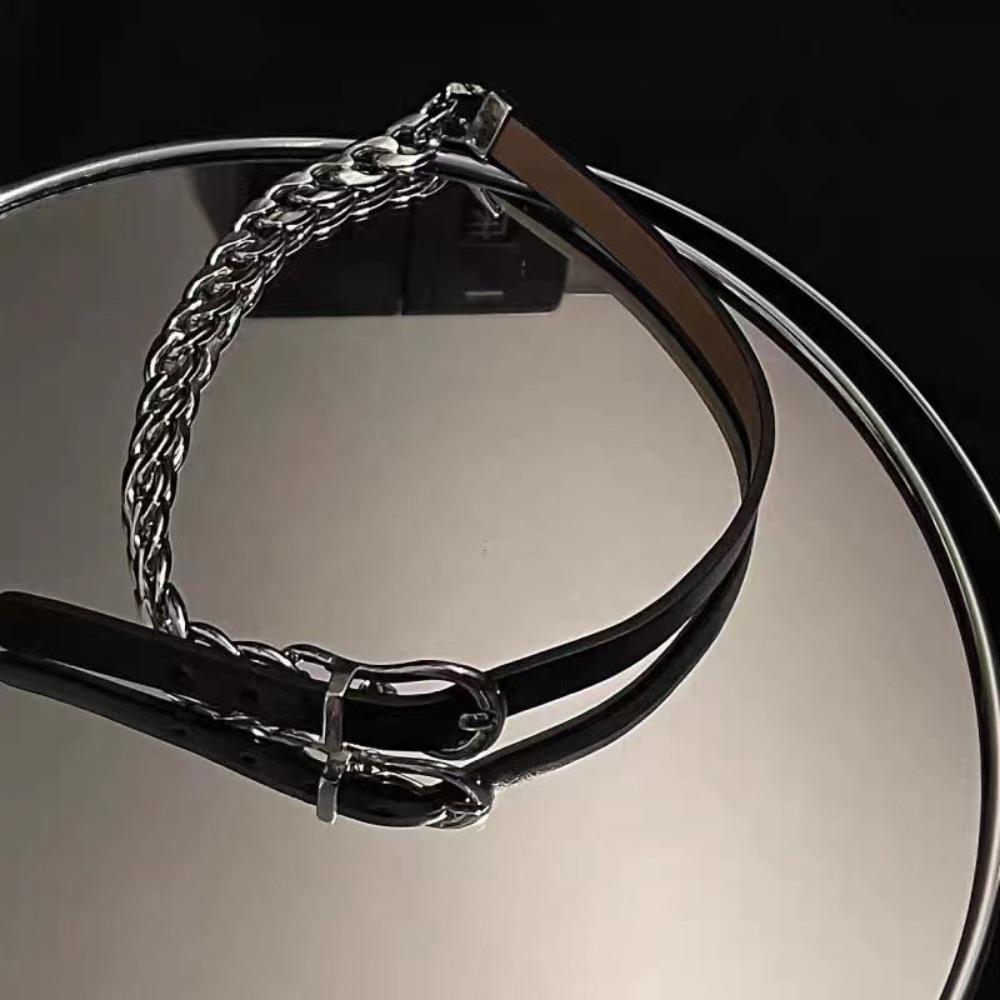 Punk Personality Sliver Color Stainless Steel Metal Chain Splicing Black Belt Buckle Choker Necklace for Women Fashion Jewelry