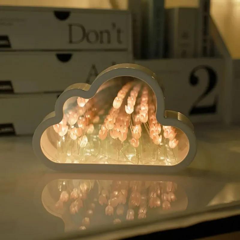 Handmade DIY Night Atmosphere Lamp Clouds Tulip Lamp LED Night Light Mirror Table Lamp Bedroom Decor Lights New