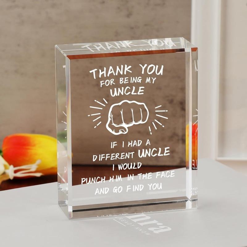 A thank-you gift for uncle, a gift for uncle; a birthday gift for uncle from nephew and niece, a square crystal plaque.