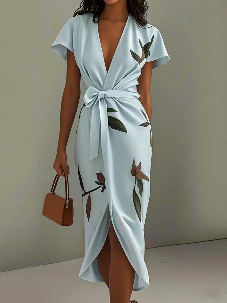 Women's V Neck Short Sleeve Midi Dress Fitted Mid Waist Elegant Wrap Dress Satin Leaf Print Tie Waist For Summer Office Party Daily Wear