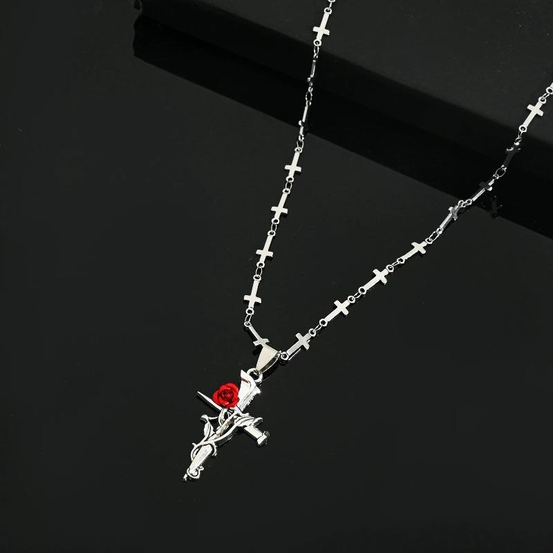 Punk Gothic Red Rose Vine Cross Pendant Necklace for Women Men Vintage Rock Cool Silver Color Cross Chain Party Jewelry Gifts