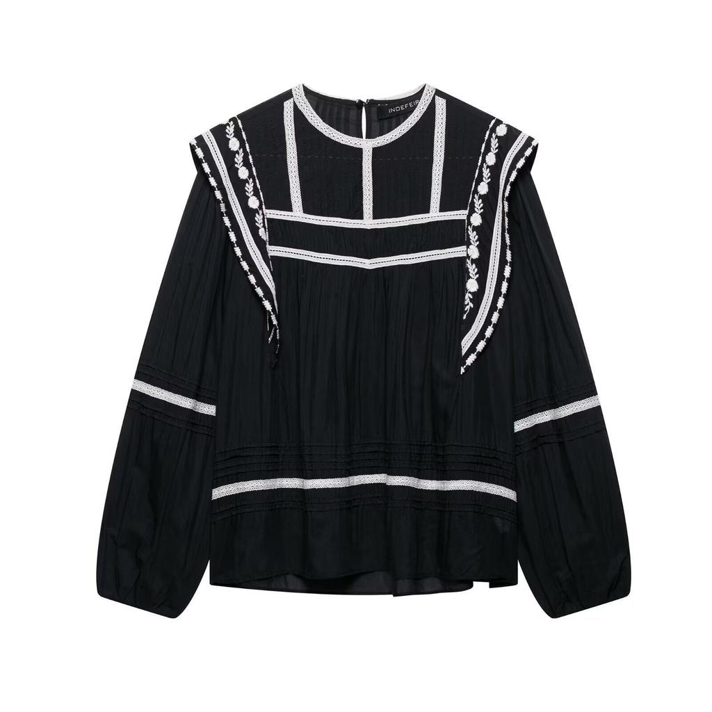 TAOP&ZA Women's Ethnic Style Ruffle Sleeve Embroidered Shirt
