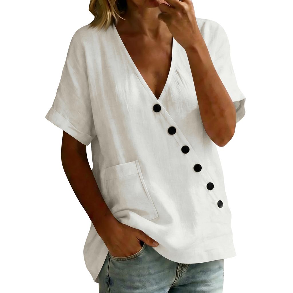 Women's Button-down V-neck Plain-colored Cotton And Linen Blouse