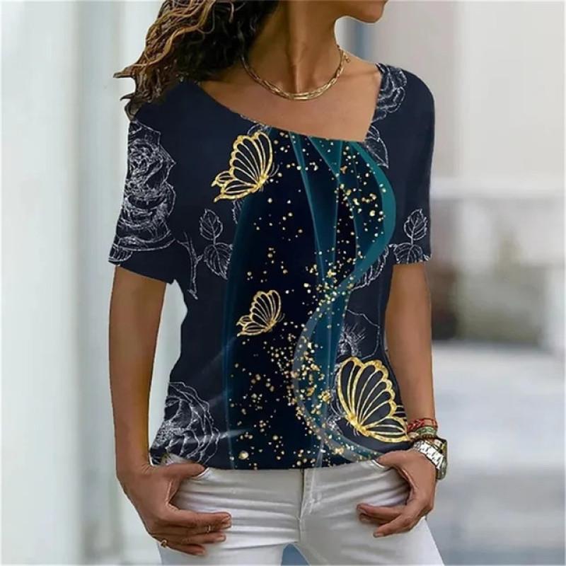 Kjøp Elegant 3D Print Women T Shirt Short Sleeve Summer Casual