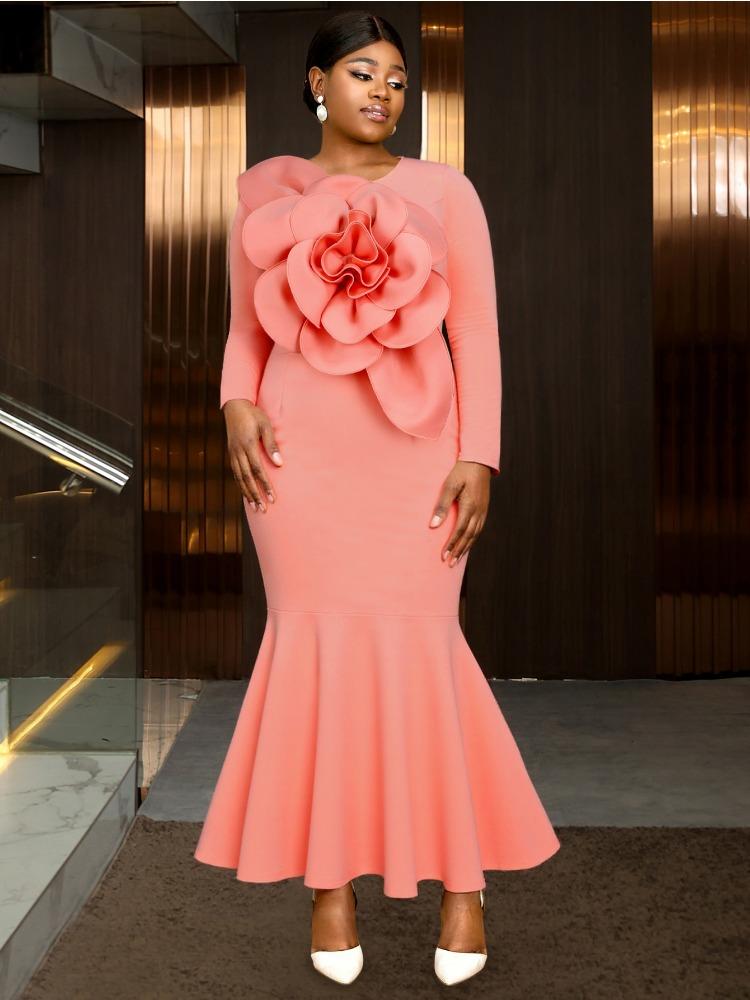 Elegant Pink Maxi Mermaid Dress with Long Sleeve Patchwork 3D Flower Bodycon Perfect for Cocktail Dinner Formal Party Gown