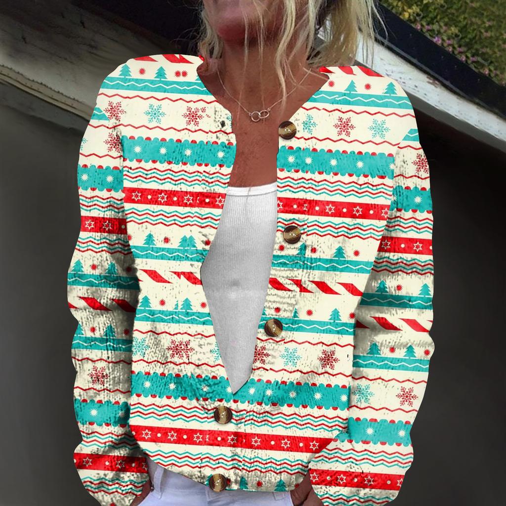 Women's Fashion Christmas Print Long Sleeve Knitted Cardigan Button Jacket