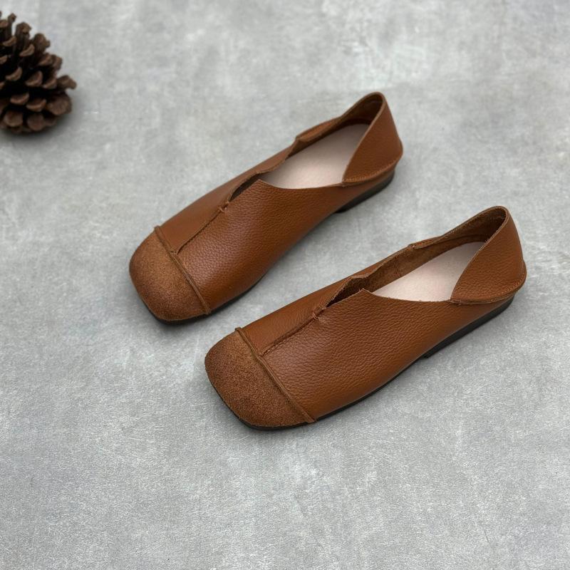 Johnature Handmade Loafers Genuine Leather Flat Shoes Square Toe Soft Sole Casual Women's Slip-on Shoes