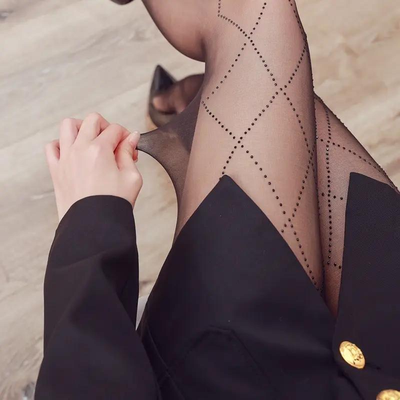 1 Pc Valentine'S Day Women'S Diamond Pattern Black Rhinestone Pantyhose, Glamorous Sexy Style Stretchy Slimming Hosiery