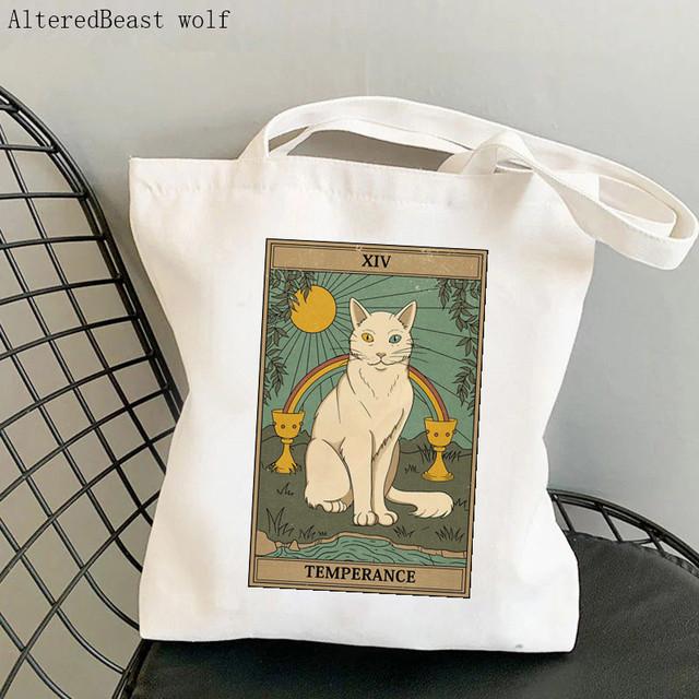 Dam Shopper bag katt Månen Tarot Tryckt Kawaii Väska Harajuku Shopping Canvas Shopper Bag flicka handväska Tote Axel Damväska