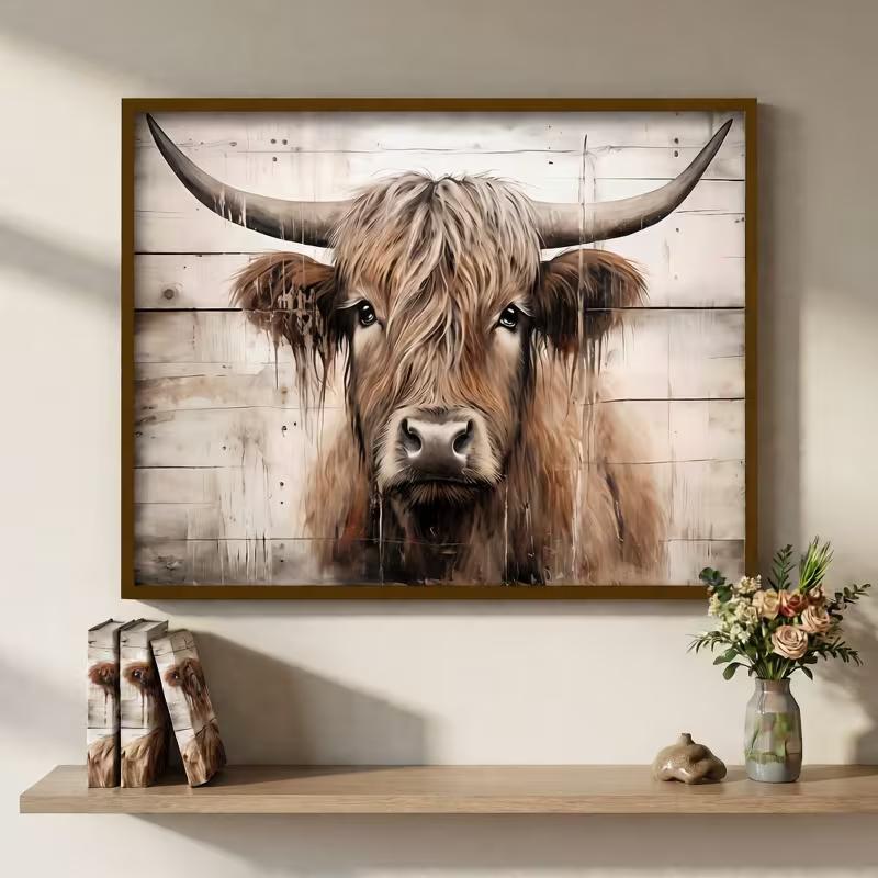 Highland Cow Canvas Wall Art - Scottish Cow Farm Animal Print, Rustic Scottish Borders Cattle Picture for Farmhouse Cottage Decor