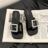 Fashion Versatile Sandals Solid Color Rhinestone Square Buckle One-word Slippers Women's Summer Fashion Wear Slope Heel Beach Cool Slippers