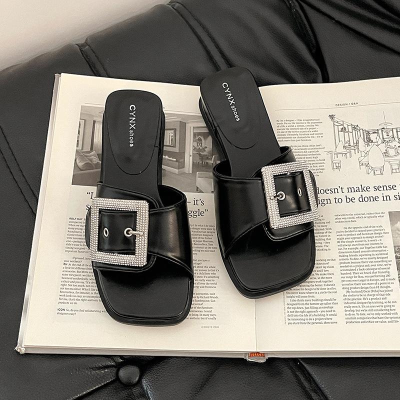 Fashion Versatile Sandals Solid Color Rhinestone Square Buckle One-word Slippers Women's Summer Fashion Wear Slope Heel Beach Cool Slippers