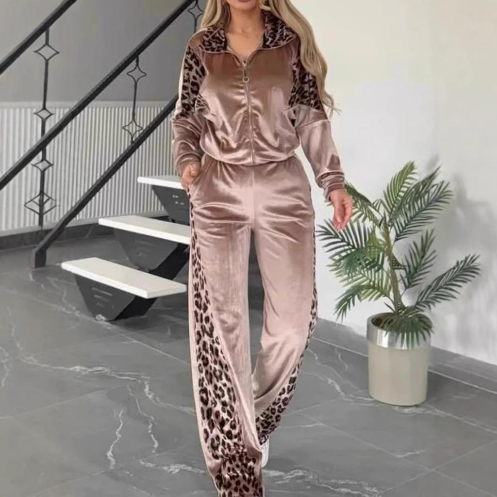Women's Spring and Autumn Four Seasons Top with Long Sleeves Zipper Leopard Print + Trousers Two-piece Set