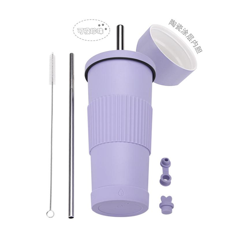 2025710Ml Stainless Steel Straw Cup Female Ceramic Liner Milk Tea Cup Non-Slip Portable Straw Thermos Cup
