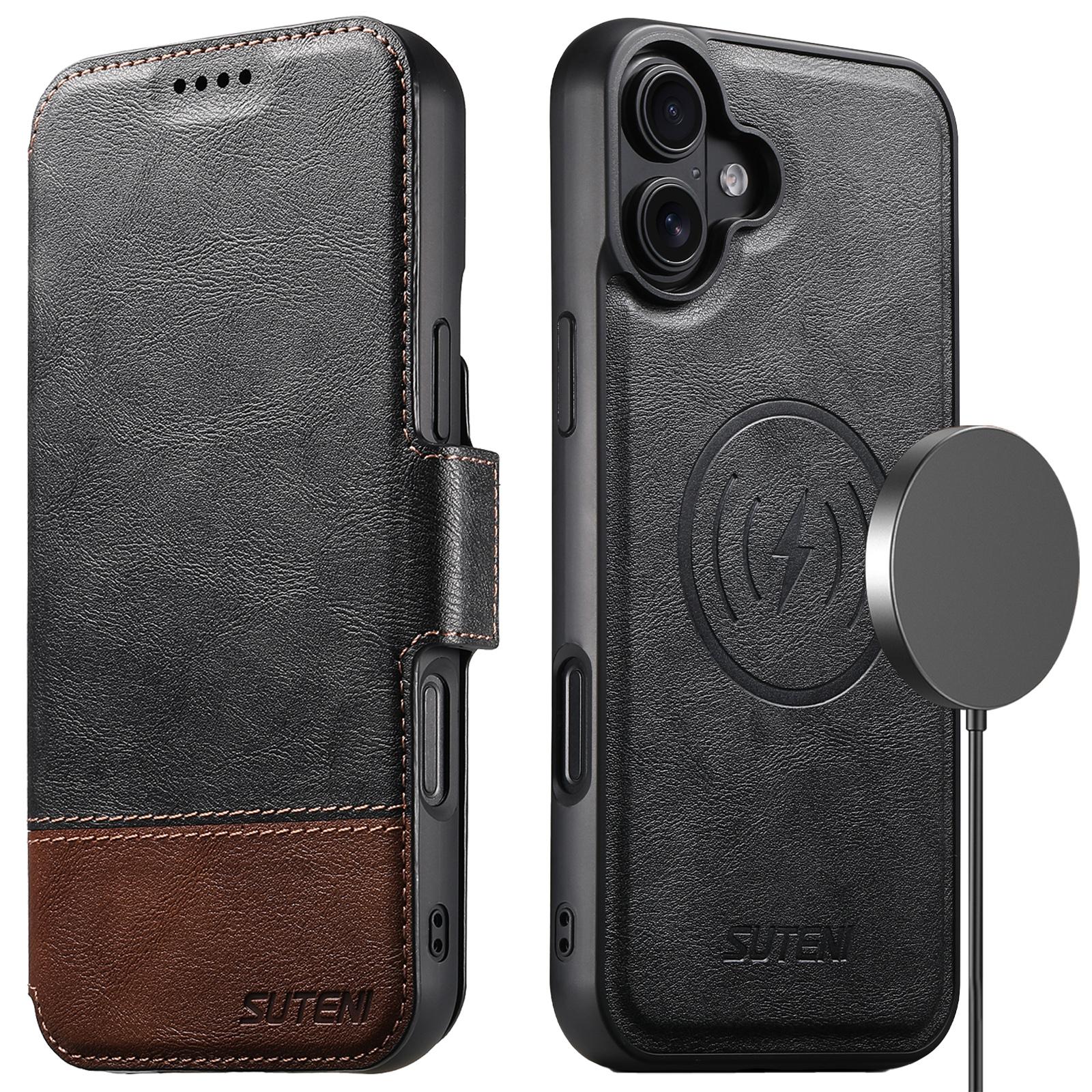 

SUTENI Q-06 Чехол для iPhone 16 Plus Кожаный чехол для телефона с магнитной отстегивающейся конструкцией и цветной вставкой Black