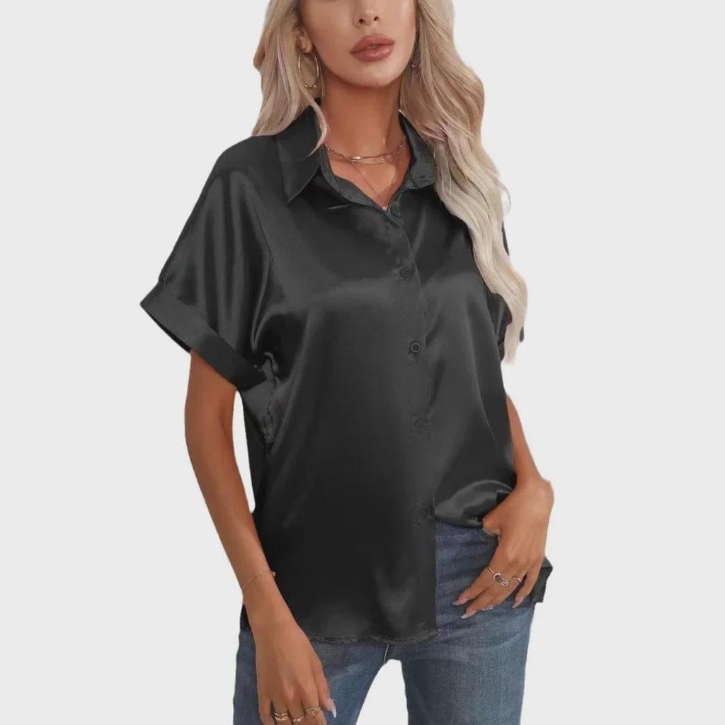 2025 Women's European & American Short-Sleeve Satin Button-Down Shirt - Casual Loose Fit