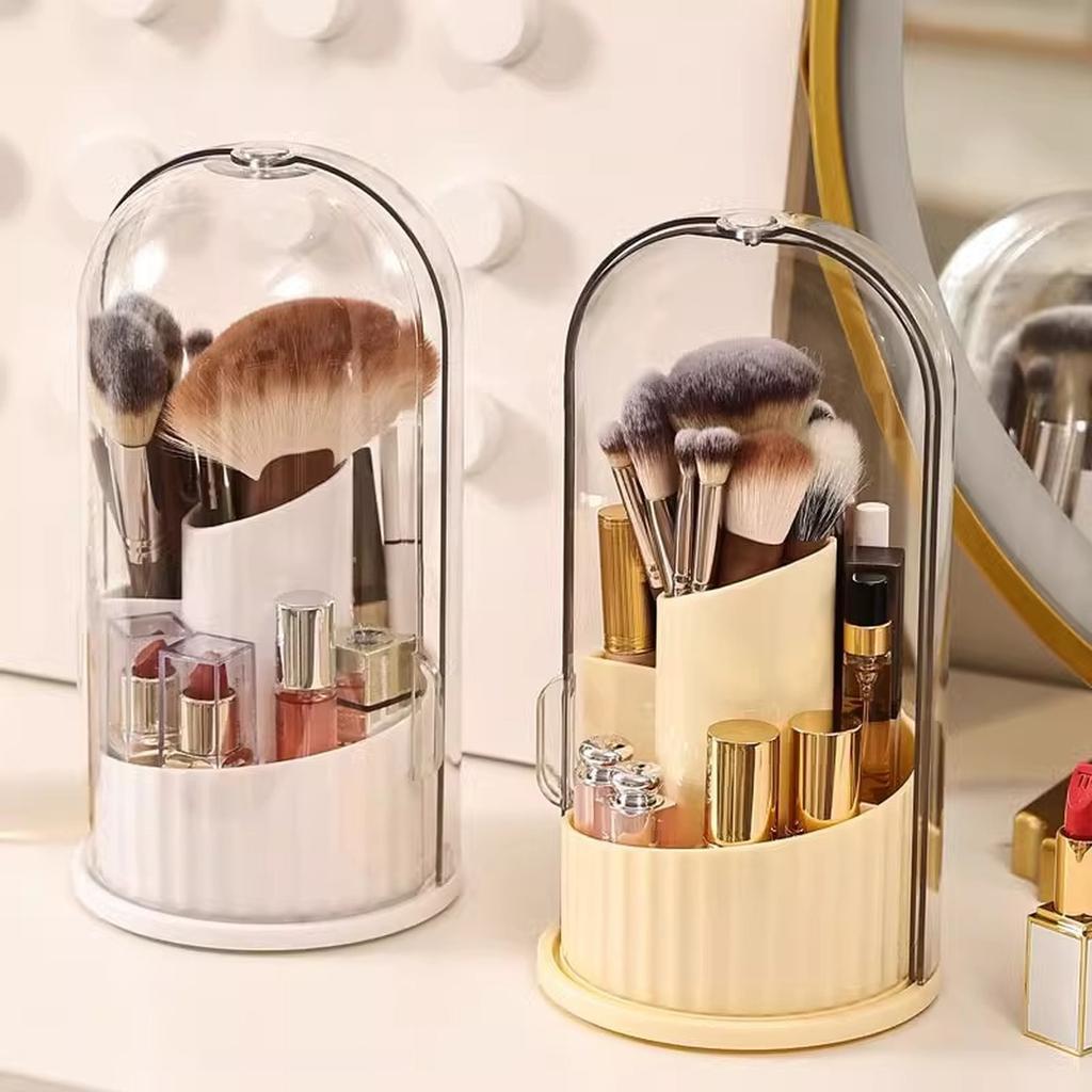 Large Capacity 360 Degree Rotating Makeup Brush Organizer Container with Dustproof Cover Pen Holder for Vanity Table Storage