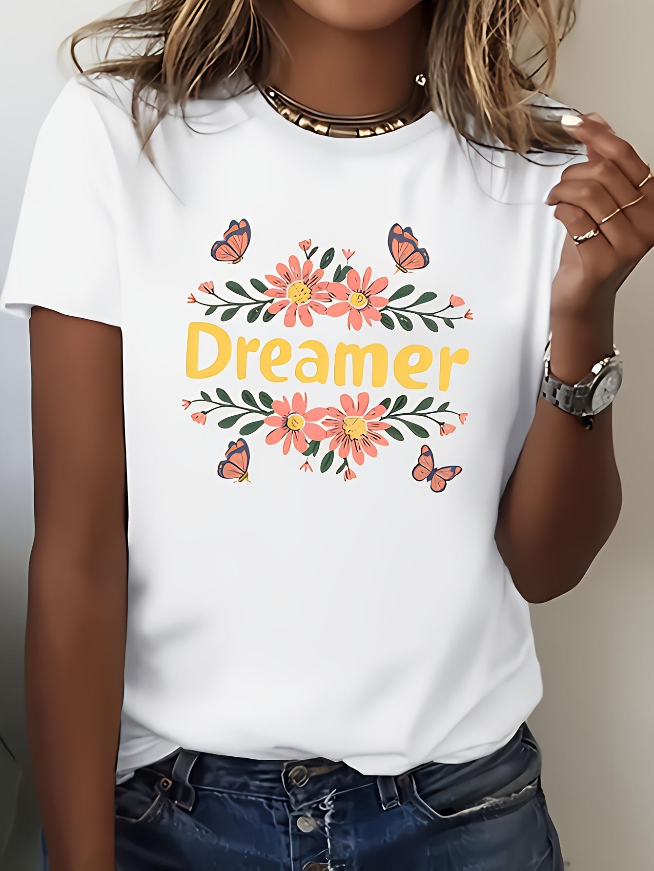 Season Comfort Mothers Dreamer Theme Apparel Comfortable Clothing Womens Casual Short Sleeve Dreamers Floral Butterfly Round S