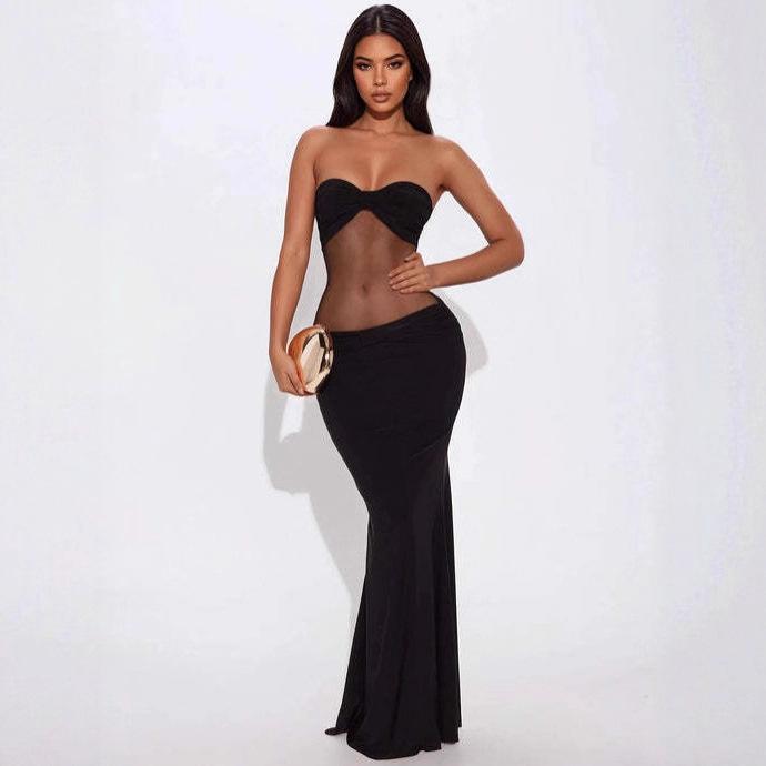 European and American Sexy Spice Girls Women's Clothing Nightclub Summer New Chest-wrapped Splicing Mesh Perspective Hip-wrapped Temperament Dress