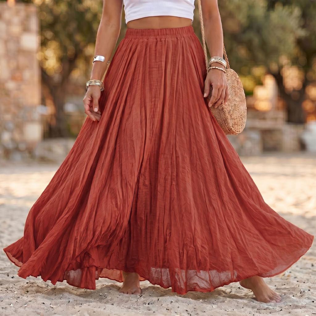 Women Long Loose Pleated Skirt Elastic Waist Cotton Linen Blend Maxi Skirt Flared Hem Casual Boho Style Skirt for Daily Wear
