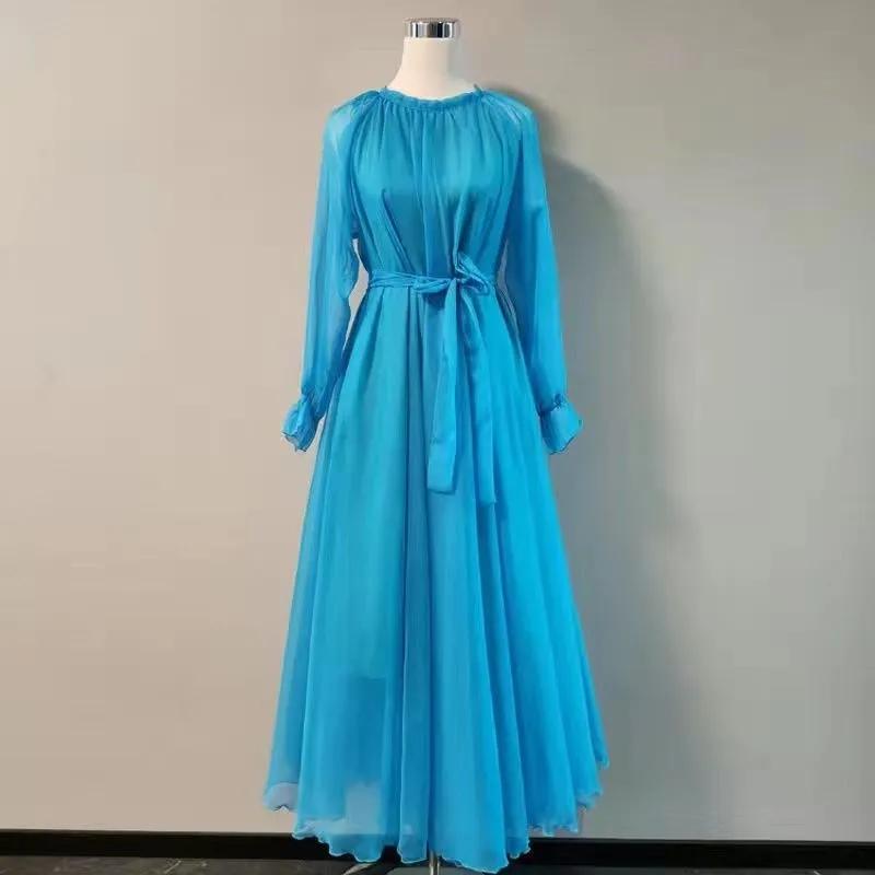 Plážové šifonové super dlouhé šaty Dámské jarní letní šaty Elegantní dlouhý rukáv volné šněrovací úzké šaty