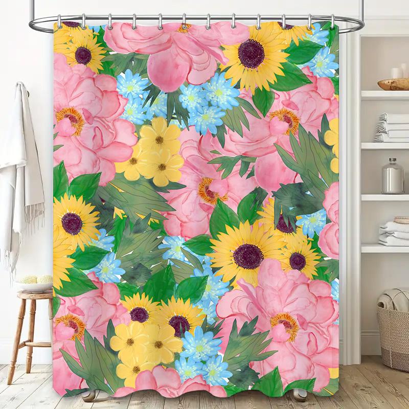 Bright Floral Waterproof Bathroom Shower Curtain Decor Set With Sunflowers, Pink Peonies And Bluebells Home Accents For A Sunny