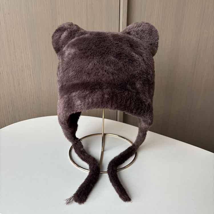 Autumn and winter imitation mink velvet soft ear protector hat to keep warm and show the face small knitted fluffy hat cute bear pullover hat
