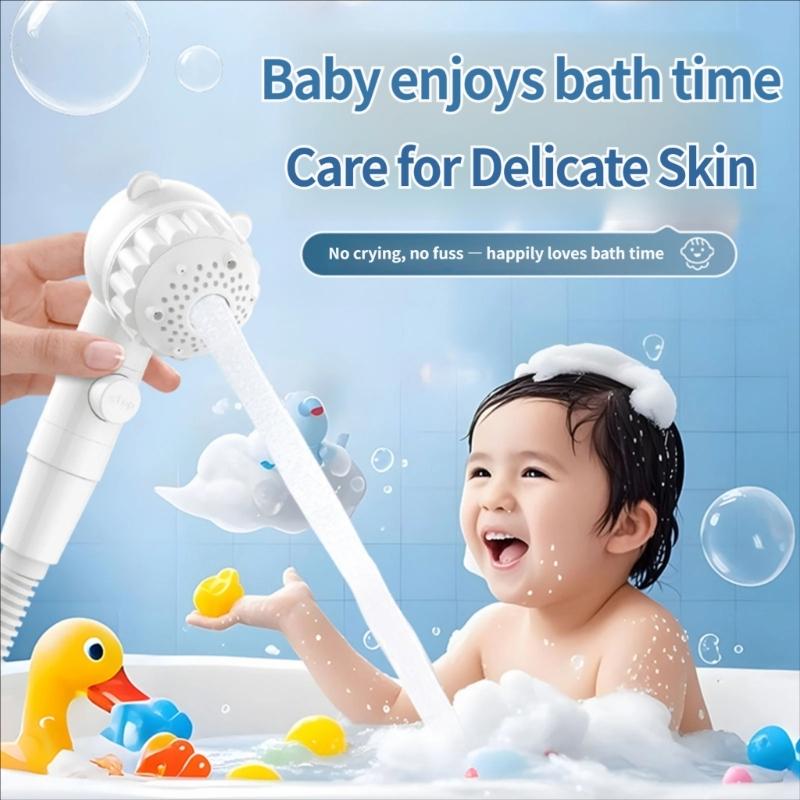 Bathroom Shower Head Replacement with Stop Button, Bear Theme Hand Shower Head for Daily Family Bath Use and Care