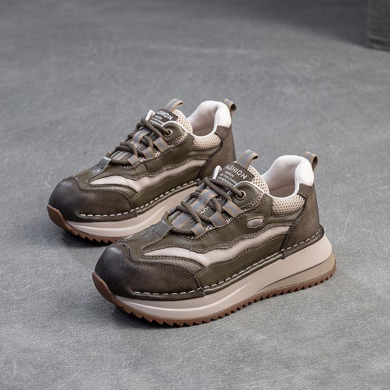 Johnature Thick Soled Mixed Colors Retro Genuine Leather Splicing Breathable Mesh Casual Sports Women's Shoes