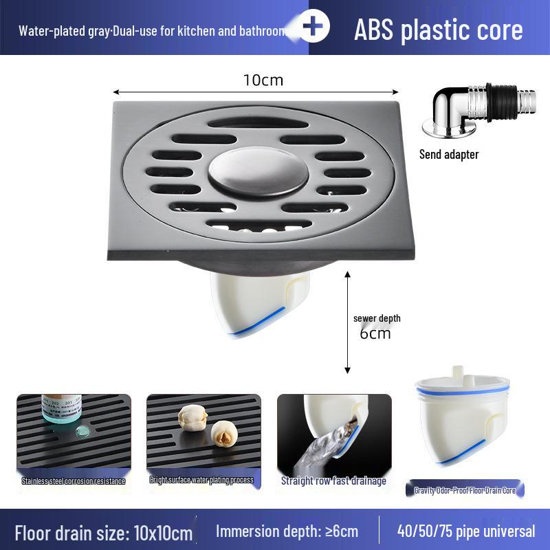 Gunmetal Gray 304 Stainless Steel Odor-Resistant Floor Drain with Copper Core for Shower & Washing Machine.