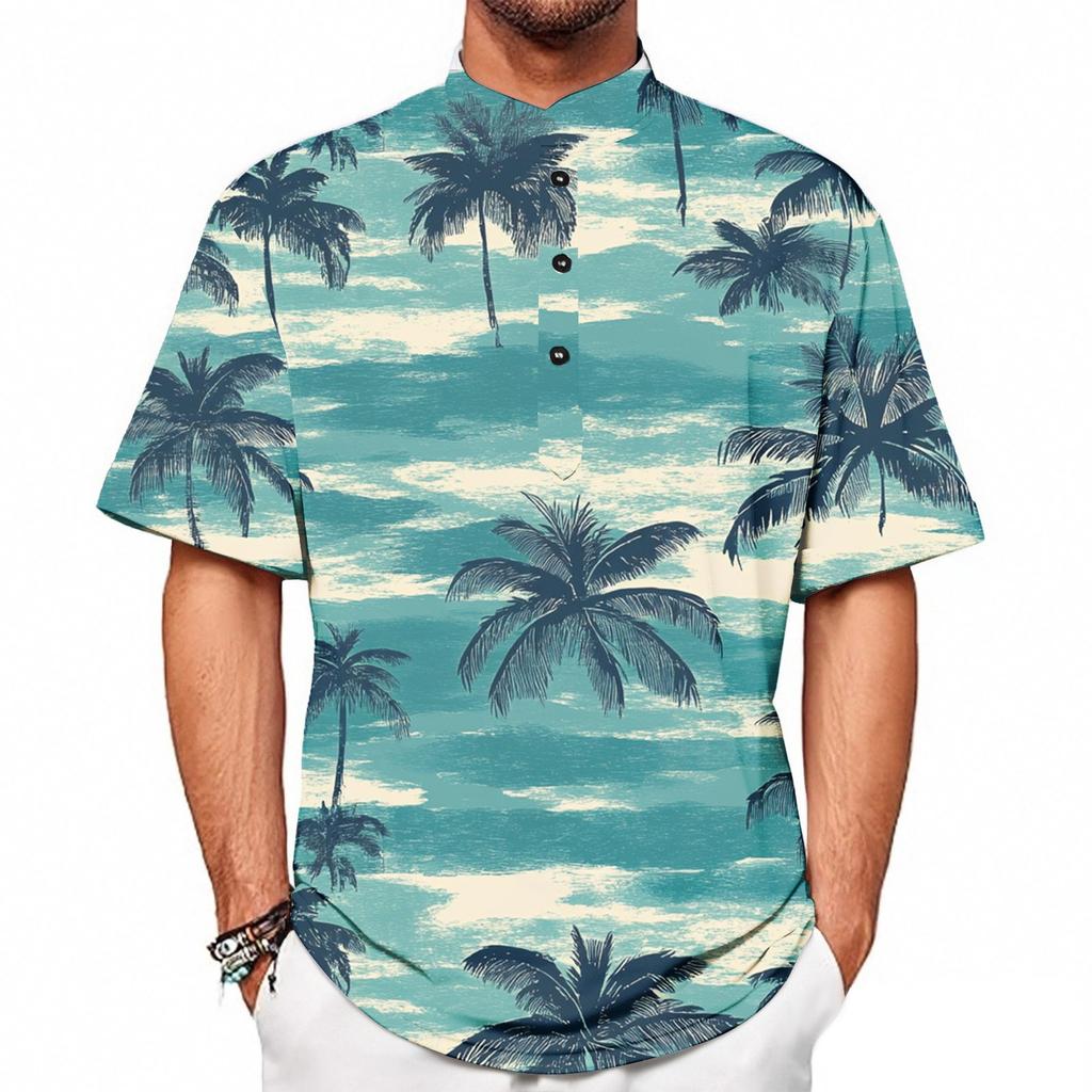 Sommar Ny Herr Casual Ståkrage Kortärmad Skjorta Krage