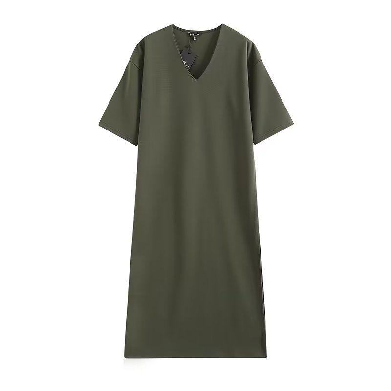 

MD Women clothes New V-neck Sweater Long dress Solid Advanced Spanish Split Dress 06651542526 Green L