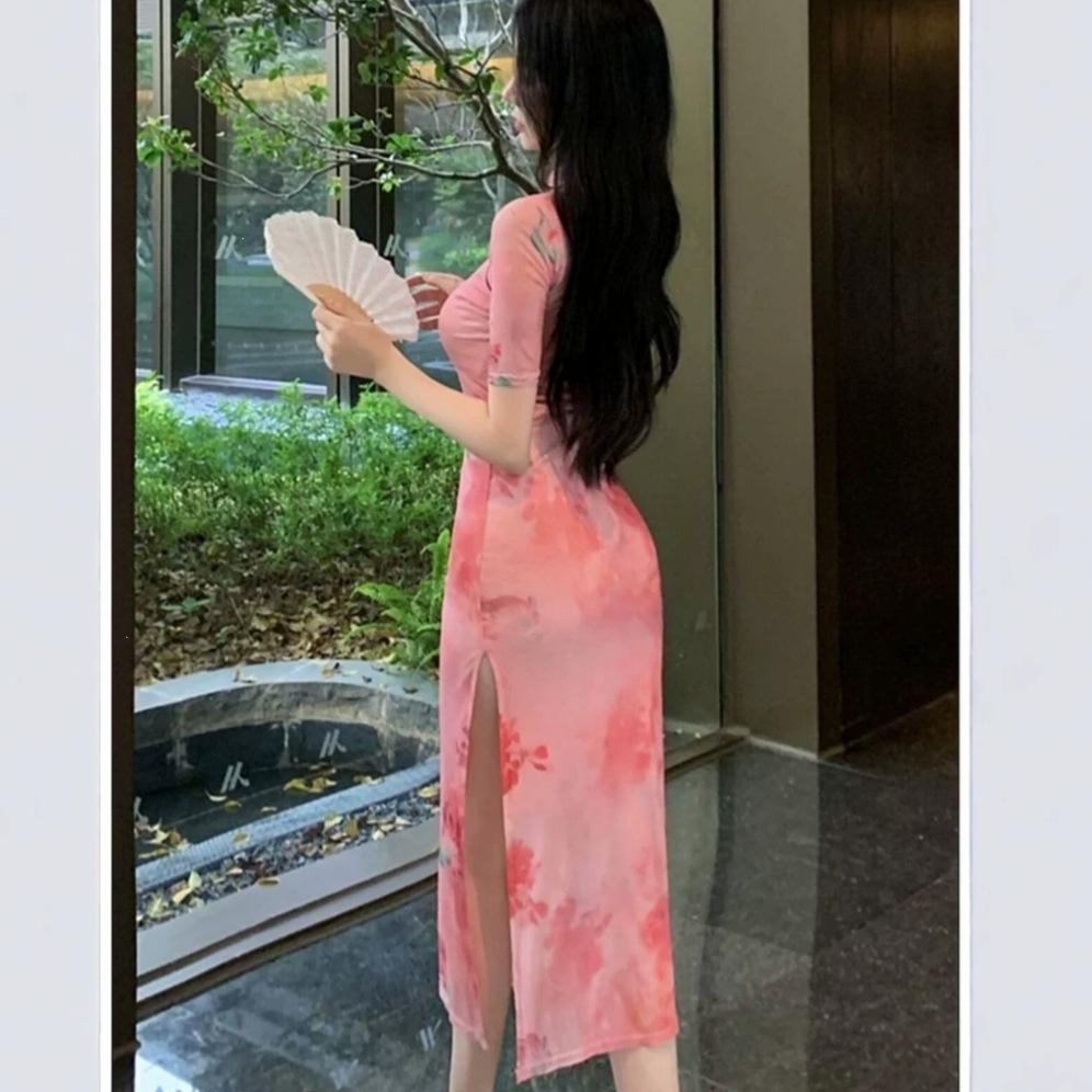 Sexy Pure Desire Style Improved Version of Cheongsam Printing Hollow Button Dress High-end Women's Summer Waist Slit Dress