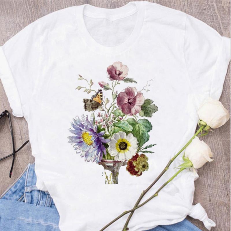 Women's Tops Fashion Flower Floral Print Lady T-shirt Casual Short Sleeve Aesthetic Clothes Shirt T-shirts Female Tops Tees