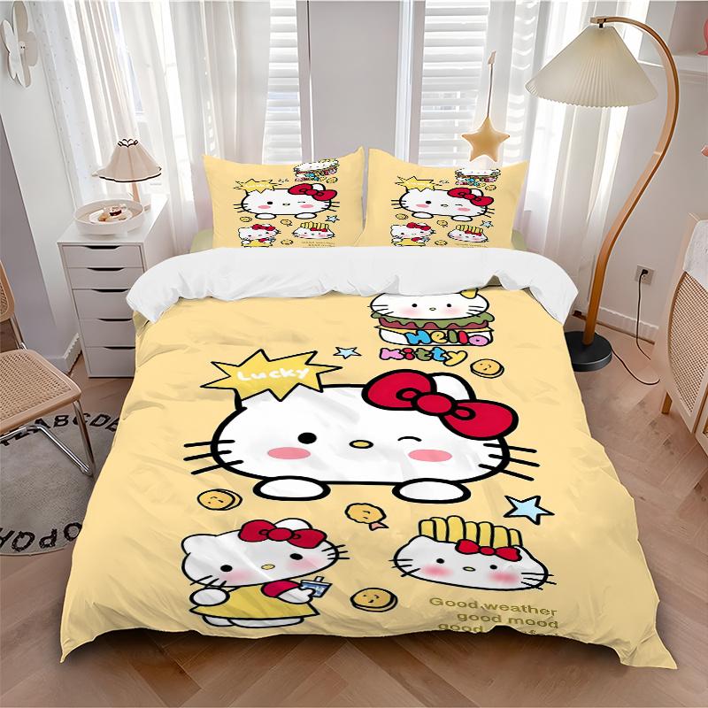 3pcs Lucky Hello Kitty Bedding Set Includes 1 Quilt Cover and 2 Pillowcases, Comfortable Bedding with Stylish Design for Bedroom W059