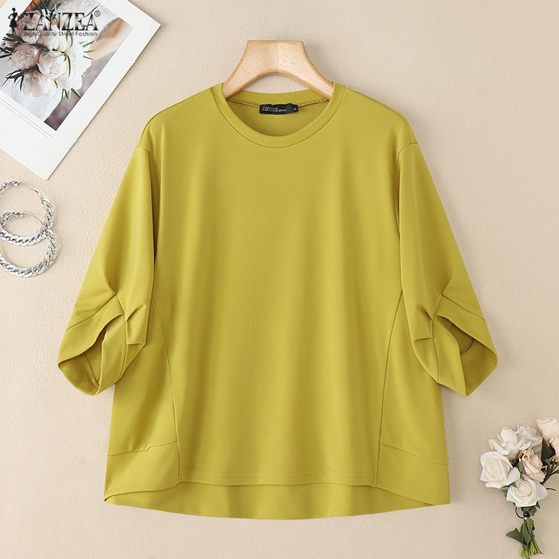 ZANZEA Women Casual Round Neck Solid Color 3/4 Sleeve Loose T-Shirts