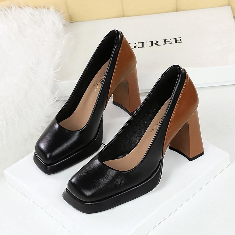 Shanggui Super Girl High Heels Thick Heels Color Blocked Single Shoes