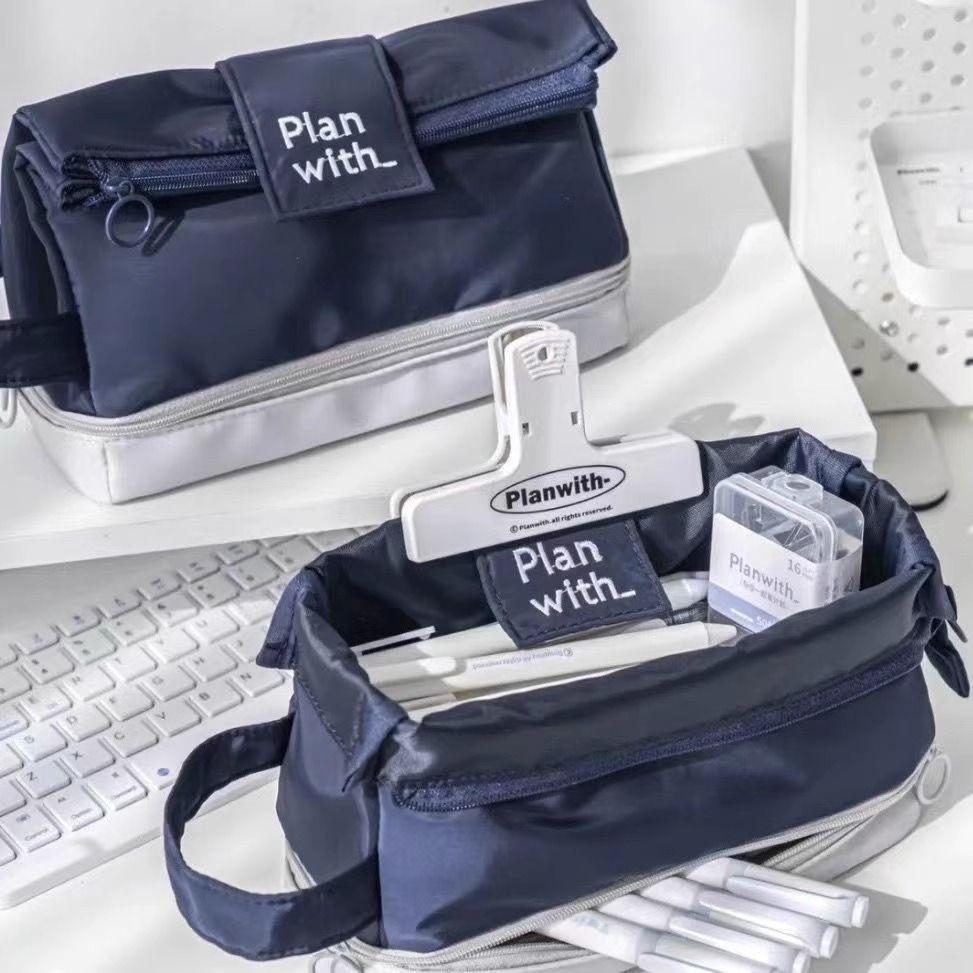 Student Nylon Double Layer Pencil Case Large Capacity Organizer For School And Office
