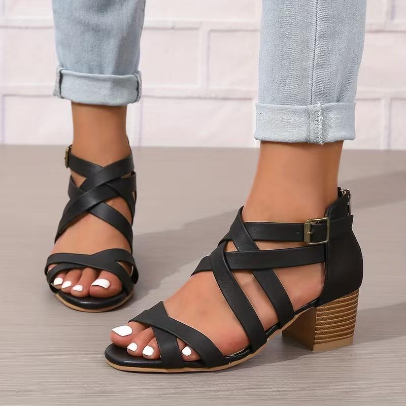 Cross-Tied Criss Cross Sandals Heels for Women Cutout Zip Up Open toe Block Heel Heels Sandals with Heels for Women